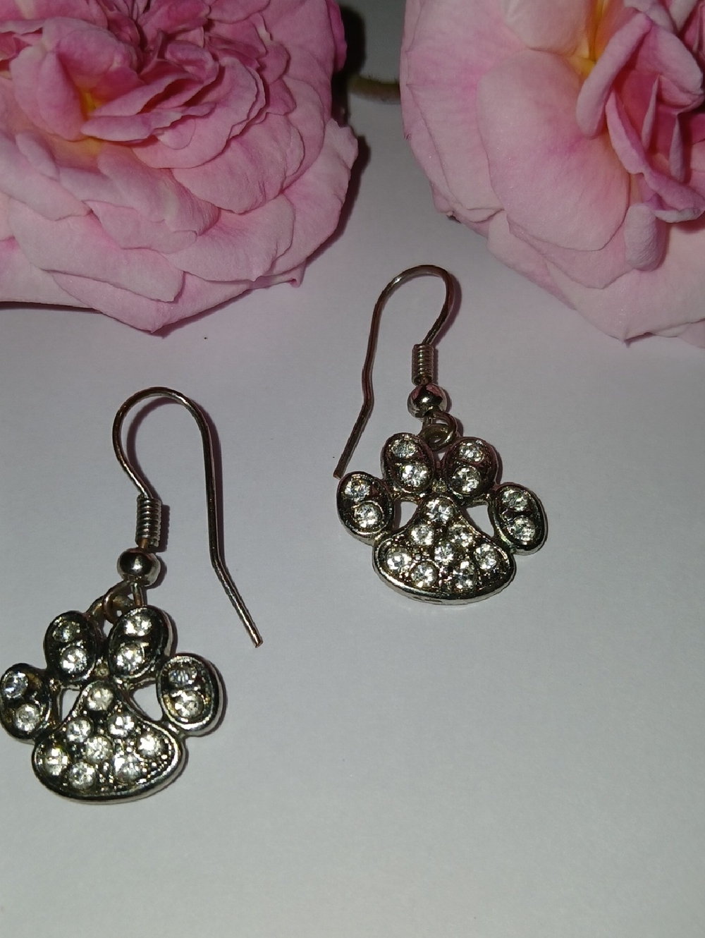 Crystal Paw Print Dangle Earrings - Pink
